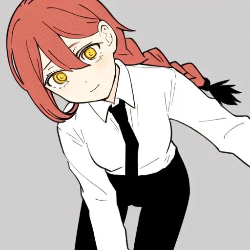 makima \(chainsaw man\), 1girl, bangs, black necktie, black pants, braid, braided ponytail, collared shirt, long sleeves, necktie, red hair, ringed eyes, shirt,, solo, uniform, white shirt, yellow eyes, small breasts 

 <lora:chainsawmanED4style:0.7>   <lora:makimaChainsawMan_offset:0.7>