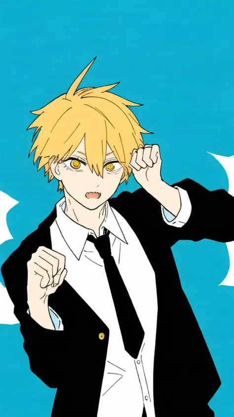 denji \(chainsaw man\), 1boy, black necktie, black pants, collared shirt, long sleeves, necktie, yellow hair, solo, white shirt, yellow eyes, red background, 1man, (blond hair:1.1),
<lora:chainsawmanED4style:0.7> <lora:denjiChainsawMan_denjiChainsawMan:0.7>
