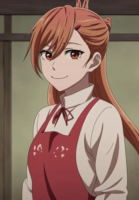 <lora:siluril:0.8>, siluril, 1girl, solo, smile, looking at viewer, smile, hair between eyes, brown eyes, closed mouth, red apron, parody, portrait, anime coloring,