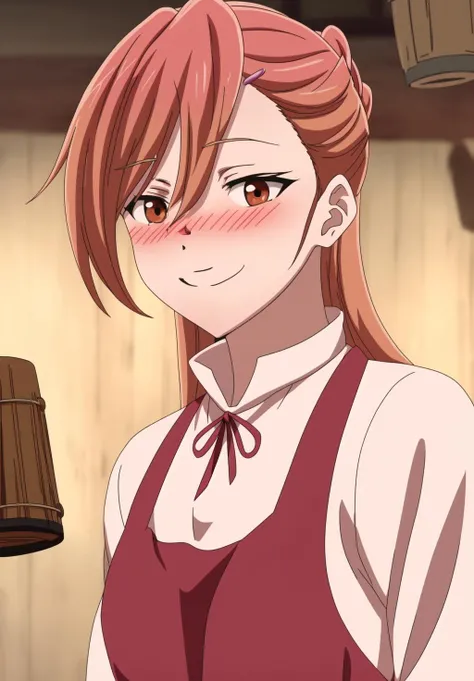 <lora:siluril:0.8>, siluril, 1girl, solo, blush, smile, bangs, shirt, ribbon, holding, hair between eyes, brown eyes, closed mouth, white shirt, upper body, braid, cup, holding cup, alcohol, mug, beer, beer mug