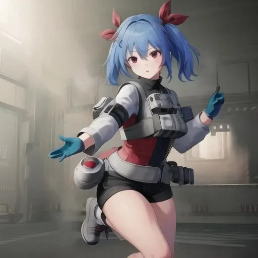 (masterpiece, highest quality, ultra high res, ultra detailed:1.3), 1 girl, ideal ratio body proportions, red eyes, (blue hair:1.2), high ponytail, unruly hair, brown tank top, military pants, military boots, bare shoulders, bare arms, open finger gloves, dog tag, full moon, night time, tank top covered nipples, shout,open_mouth,