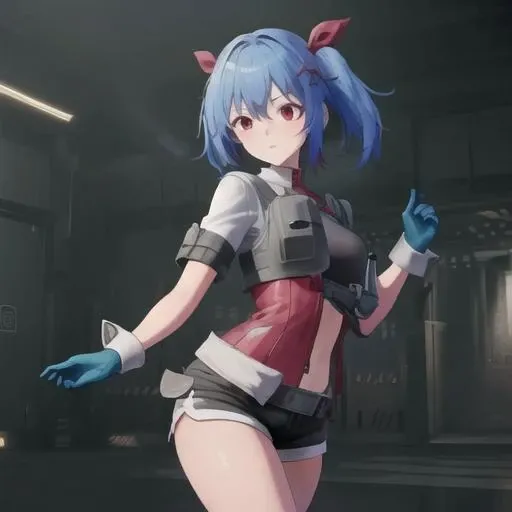 (masterpiece, best quality:1.2),illustration,8k,hd,1girl,solo,cowboy shot,gloves,red eyes,blue hair,twintails,hair ornament,hair ribbon,shorts,bangs,shoes,red ribbon,<lora:Colphne(gf2):0.8>,