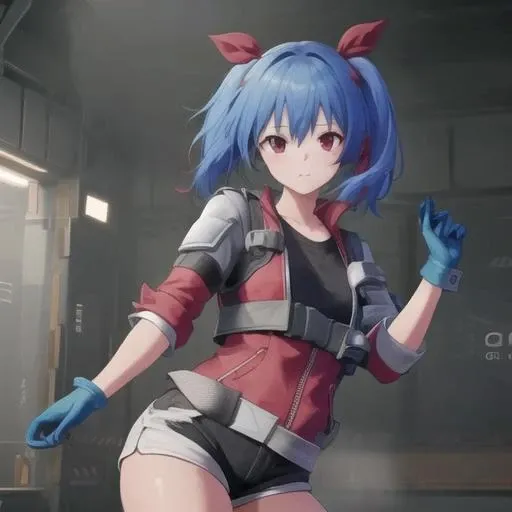 (masterpiece, best quality:1.2),illustration,8k,hd,1girl,solo,cowboy shot,gloves,red eyes,blue hair,twintails,hair ornament,hair ribbon,shorts,bangs,shoes,red ribbon,<lora:Colphne(gf2):0.8>,