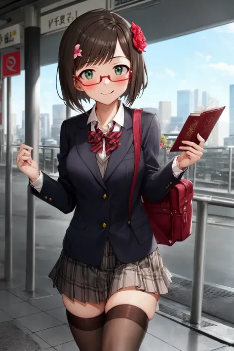 <lora:maekawa_miku:1>, maekawa_miku, 1girl, :d, blush, brown_hair,
fang, (green_eyes:1), looking at another, short_hair, smile, solo, sweater, (tareme:1.2), long eyeliner, 1girl, bag, black_legwear, blazer, bow, red bowtie, brown_hair, building, chain-link_fence, city, fence, flower, red glasses, green_eyes, hair_flower, hair_ornament, holding, jacket, pleated_skirt, school_bag, school_uniform, short_hair, skirt, skyscraper, thighhighs, zettai_ryouiki, (holding book), (closed mouth:1.2), platform, train station,