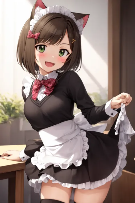 <lora:maekawa_miku:1>, maekawa_miku, 1girl, :d, blush, brown_hair,
fang, (green_eyes:1), looking_at_viewer, open_mouth, , short_hair, smile, solo, sweater, (tareme:1.2), long eyeliner, maid, cat ears, skirt lift,