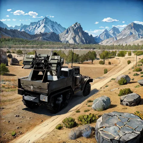 m16mtchppr, ground vehicle, outdoors, scenery, blue sky, weapon, machine gun, pulp_comic, heavy_lines, hand_drawn, hand_inked, hand_colored, desert, rocks, mountains, dust, flint, boulders,