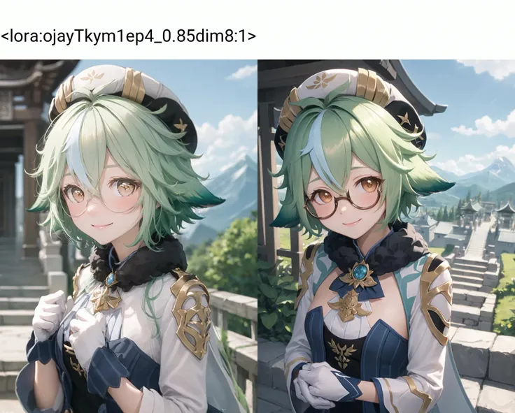 <lora:ojayTkym1ep4_0.85dim8:1>, <lora:sucrose1-000009:1>, sucrosedef, upper body, smile, blush, outdoors, day, simple background, blue sky, short hair, sky, temple, looking at viewer, stairs, mountain, moody lighting,