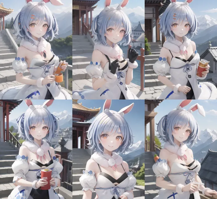 <lora:ojayTkym1ep4_0.85dim8:1>, <lora:pekora1-000009:1>, pekoradef, upper body, smile, blush, outdoors, day, simple background, blue sky, short hair, sky, temple, looking at viewer, stairs, mountain, moody lighting, facing viewer,