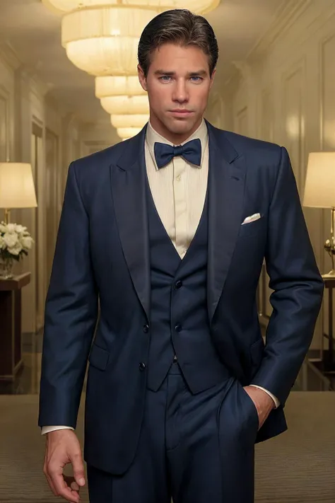 professional photo of mike_branson <lora:mike_branson-08:0.75> wearing a timeless well-tailored navy blue suit, standing in an elegant hotel lobby, soft diffused lighting, flattering classic look, even gentle illumination, confident sophisticated mood, (nostaligia:0.5), self-assured expression