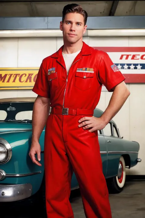 professional photo of mike_branson <lora:mike_branson-08:0.75> standing In the style of (norman rockwell), 1950s gasstation, mechanic, jumpsuit