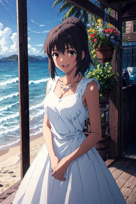 fateshirley, 1girl, solo, brown hair, short ponytail, brown eyes, white dress, sleeveless, cleavage, cowboy shot, necklace, , beach, masterpiece, best quality, flower, open mouth, dark skin, <lora:fateshirley5:1>, smile,