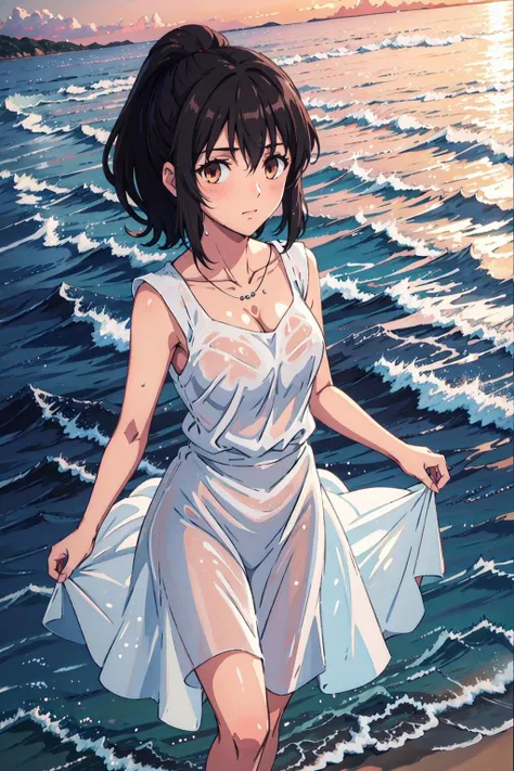 fateshirley, 1girl, solo, brown hair, short ponytail, brown eyes, white dress, sleeveless, cleavage, cowboy shot, necklace, masterpiece, best quality, <lora:fateshirley:1>, see-through, blush, wet clothes, afloat, dark skin, looking at viewer, wading, ocean, barefoot,