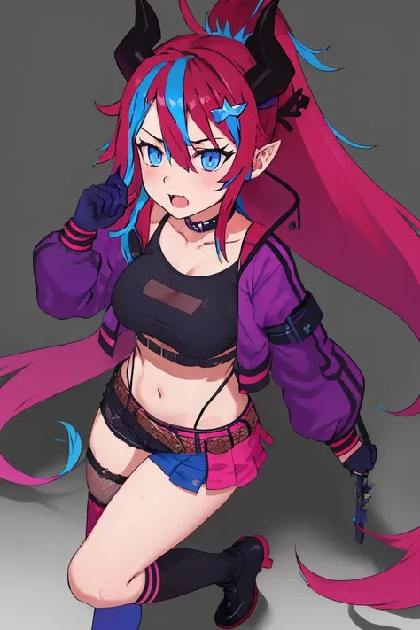 masterpiece, best quality, absurdres, <lora:KaiSaikotaV1-000130:1>, KaiSaikota, 1girl, tail, navel, boots long_hair, smile, black_gloves, bare_shoulders, fang, ponytail, pointy_ears, horns, black_shorts (blue_miniskirt, pleated_skirt:0.7), highleg_panties