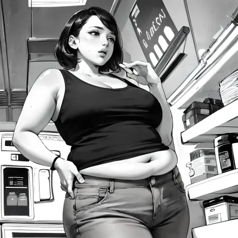 B&W, line art, contrast, solo, beautiful face, (detailed), (masterpiece), (high quality), (skindentation), ([kat dennings|scarlett johansson]), short black hair, refrigerator door slamming, dynamic pose, black tank top, jeans, WeightChubby, undersized clothes, <lora:obeseGirlsConcept_v10:1>