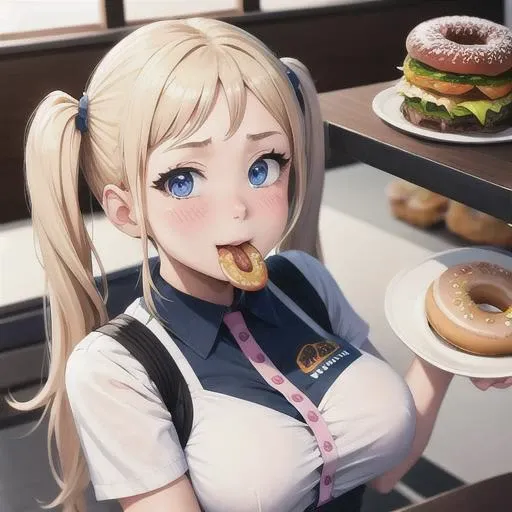 1girl, solo, maid outfit, blonde twin pigtails hair, blue eyes,
(conveyor belt leading to mouth, pov, donuts on conveyor belt, hungry girl with mouth on conveyer belt, feeding machine, open mouth, close up portrait, indoors,food production factory:1),(extremely oversized shirt:1),(Fat, Fat rolls, Plump, Thick thighs, Thick arms, Big belly, Undersized clothes:0),(weightchubby:0),(weightobese:0),(weightblob:0),(weightimmobile:0)<lora:GTSv5:0><lora:Fat:0><lora:Cellulite Lora:0>, food in hands,
surrounded by food, burgers, cake, ice cream, donuts, crumbs, flirting with camera, seductive smile, embarrassed, blush, foreshortening, <lora:epi_noiseoffset2:1>