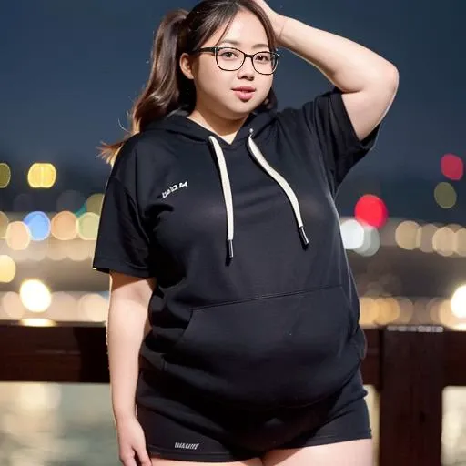 (8k, RAW photo, best quality, masterpiece:1.2), (realistic, photo-realistic:1.30), best quality, ultra high res, photon mapping, radiosity, physically-based rendering,  Asian, 1girl, ((glasses)), ((Women's Zip Front Crop Cotton Blend Hoodie)), ((Yoga Shorts)), naughty face, cute, (laughing), (happy), (Kpop idol), (aegyo sal:1), ((puffy eyes)), looking at viewer, posing, (full body), large breasts, busty, cityscape, night, (bokeh:1.4), photographed with a sony A9M2, sigma 85 f1.4 lens, by Laurence Demaison, ((wink)), ((hair blown by air)) , <lora:koreandolllikenessV20_v20:0.5>,  <lora:obeseGirlsConcept_v10:1>, WEIGHTOBESE, curvy, round ass, plump thighs, (hourglass figure, wide hips, big belly, undersized clothes, skindentation, weight gain, sweaty, heavy breathing, exhausted, flush, blush:1.2), navel,