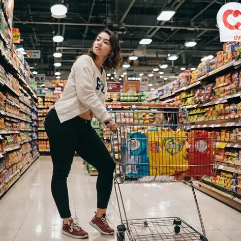 junk food, cookies, candy, chips, seductive, looking at viewer, a woman pushing a shopping cart in a grocery store aisle with a grocery cart full of groceries and drinks, american realism, (best quality), (masterpiece, 4k ,ultra detailed:1.2), (chubby:1.1), (wide hips:1.2), (thick thighs), <lora:obeseGirlsConcept_v10:0.6>, editorial photo of a woman, shot on CineStill 800T, close up shot, 32k, cinematic composition, professional color grading, film grain, atmosphere, wondrous <lora:epiNoiseoffset_v2:1>