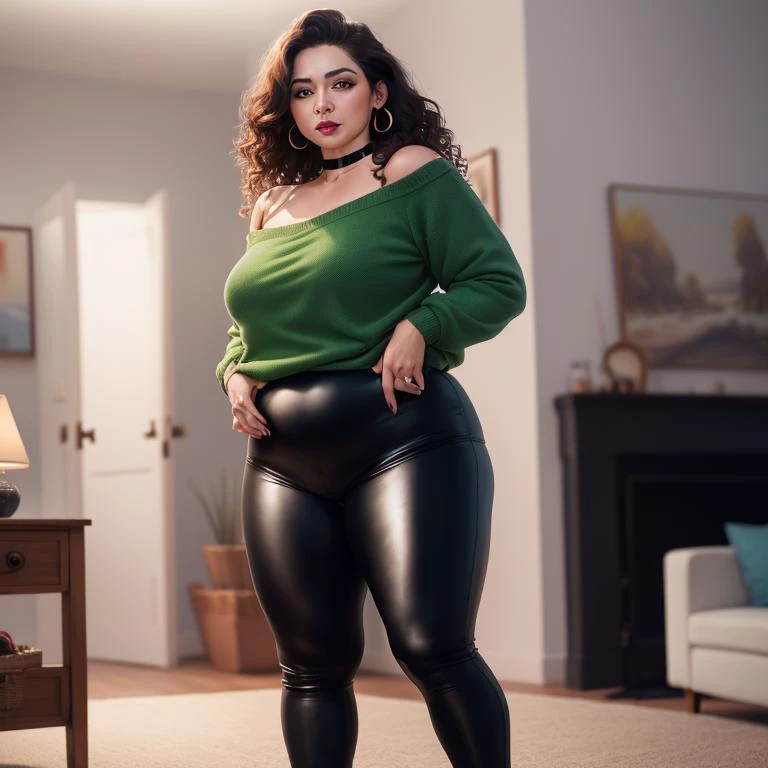 (1girl, solo), <lora:Fat:1.15> weightchubby, (portuguese mature women), (long curly and wavy brown hair, hair ornements, beautiful brown eyes, cute makeup, eyeliner, eyelashes, lipstick), (earrings, chocker with chain, (standing), (bright living room) (tight green pullover, black leather pants, high heels)
masterpiece, (photorealistic:1.4), best quality, beautiful lighting, RAW photo, 8k uhd, film grain, harsh lighting, 35mm, hires, shot on Hasselblad X1D II, ND filter, mid-length