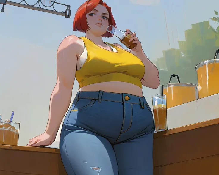 abstruct, 1girl, solo, white skin, redhead bob-cut, ((detailed face)), ((beautiful face)), (tank top, midriff, low-waist jeans:1.6), looking at viewer, sitting on the bench, drinking, cup of tea, <lora:Fat:1.1>, (WeightImmobile:1.3), (obese:1.2) (round face:1.3), huge belly, wide hips, from below, discoelysium, <lyco:discoelysiums-000060:1.0>, AS-MidAged, legs spread, muffin top, pudgy,