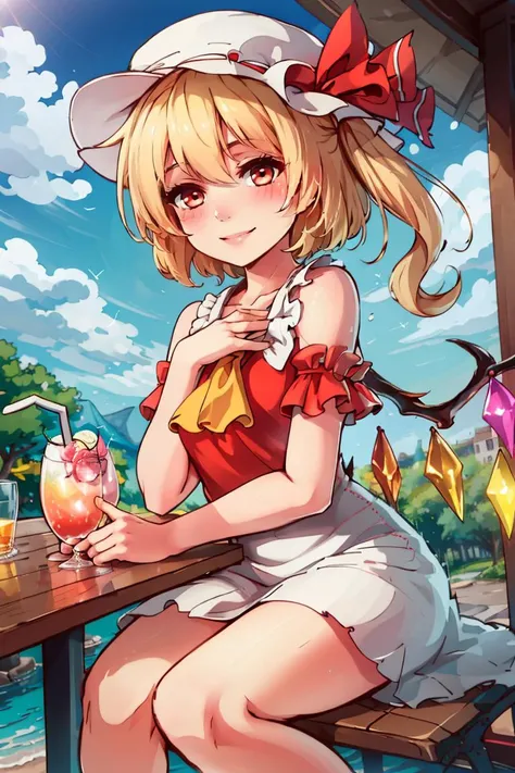sitting at table, vivid detailed tropical drink, two straws, white sundress, sun hat, flowing winds, sunny, outdoors, upper body, ((masterpiece,best quality)), absurdres, <lora:Flandre_Scarlet_Touhou:0.8>, Flandre_Scarlet_Touhou,  1girl, flandre scarlet, solo, blonde hair, wings, red eyes, looking at viewer, blush, hat, crystal, one side up, solo, smiling, looking at viewer, cowboy shot,
