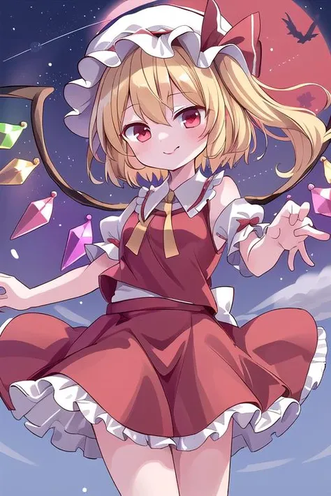 masterpiece, best quality,ultra detail, Flandre_Scarlet_Touhou,1girl, blonde hair, wings, red eyes, looking at viewer, blush, hat, crystal, one side up, ribbon, <lora:Flandre_Scarlet_Touhou:0.7>,night sky,red moon,evil smile,flying sky,floating air,from below,stylish pose