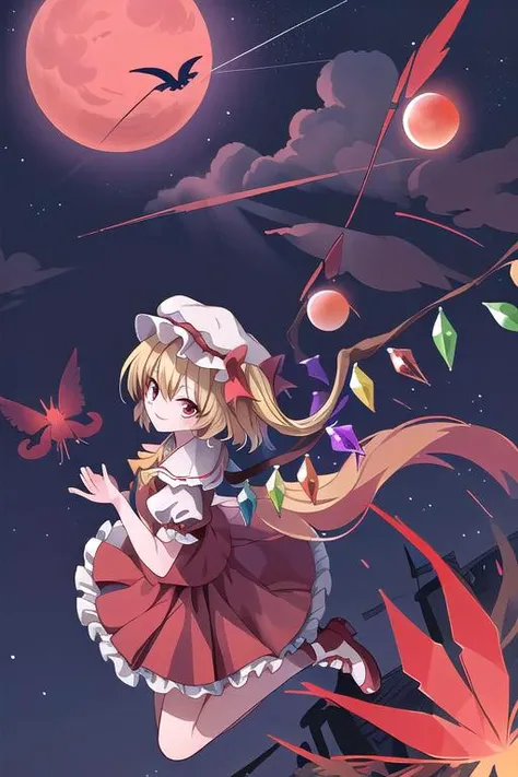 masterpiece, best quality,ultra detail, Flandre_Scarlet_Touhou,red shoes,1girl, blonde hair,wings, red eyes,hat,crystal, one side up, ribbon, <lora:Flandre_Scarlet_Touhou:0.7>,night sky,red moon,evil smile,flying sky,floating air,from above,stylish pose