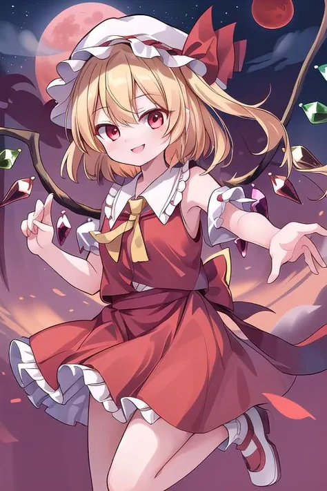 masterpiece, best quality,ultra detail, Flandre_Scarlet_Touhou,1girl, blonde hair,wings, red eyes,hat,crystal, one side up, ribbon, <lora:Flandre_Scarlet_Touhou:0.7>,night sky,red moon,evil smile,flying sky,floating air,close up,stylish pose