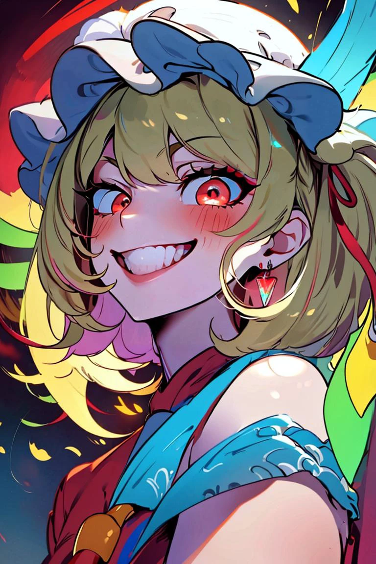 ((masterpiece,best quality)), absurdres, <lora:Flandre_Scarlet_Touhou:0.8>, Flandre_Scarlet_Touhou, 1girl, flandre scarlet, solo, blonde hair, wings, red eyes, looking at viewer, blush, hat, crystal, one side up, ribbon, smile, mob cap, red shirt, white sleeves, solo, looking at viewer, upper body, detailed crystals, jewelry,
leaning forward, from below,
(sharp_focus), (cinematic_lighting), (vibrant_colors),