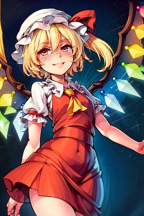 <lora:ricegnat_style:0.6>, ((masterpiece,best quality)), absurdres, <lora:Flandre_Scarlet_Touhou:0.8>, Flandre_Scarlet_Touhou, white hat, 1girl, flandre scarlet, solo, blonde hair, wings, red eyes, looking at viewer, blush, hat, crystal, one side up, ribbon, smile, mob cap, shirt, solo,  looking at viewer, dutch angle, cowboy shot,
red skirt,, ((masterpiece,best quality)), absurdres,
<lora:ZZZ:0.8>, ZZZ,
solo, smiling, looking at viewer, cowboy shot,