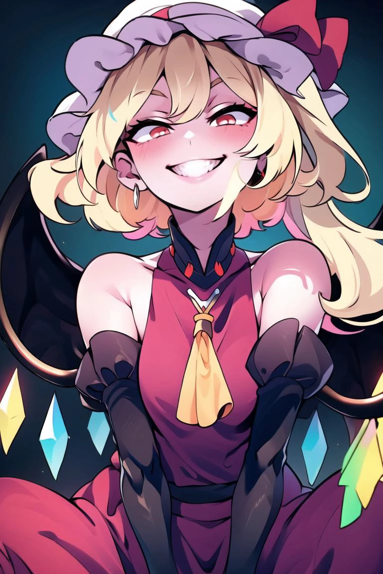 <lora:ricegnat_style:0.6>, ((masterpiece,best quality)), absurdres, <lora:Flandre_Scarlet_Touhou:0.8>, Flandre_Scarlet_Touhou, 1girl, flandre scarlet, solo, blonde hair, wings, red eyes, looking at viewer, blush, hat, crystal, one side up, ribbon, smile, mob cap, red shirt, white sleeves, solo, looking at viewer, upper body, detailed crystals, jewelry,
leaning forward, from below,
(sharp_focus), (cinematic_lighting), (vibrant_colors),