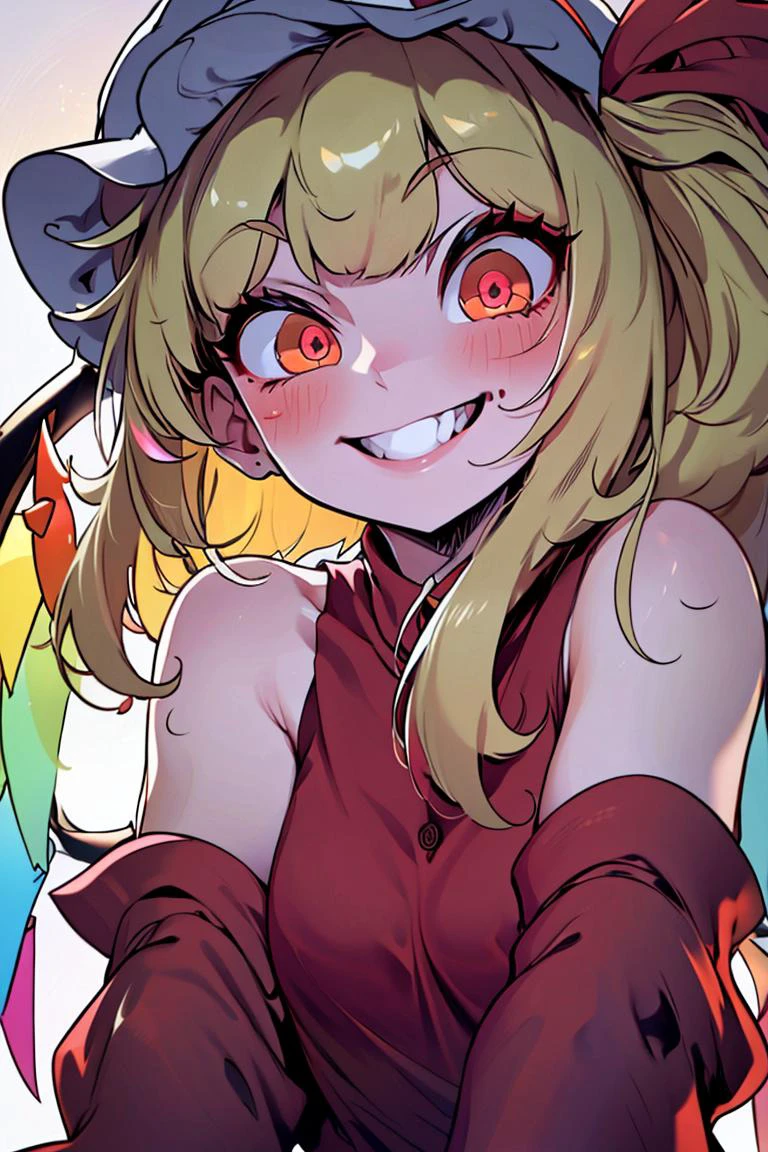 ((masterpiece,best quality)), absurdres, <lora:Flandre_Scarlet_Touhou:0.8>, Flandre_Scarlet_Touhou, 1girl, flandre scarlet, solo, blonde hair, wings, red eyes, looking at viewer, blush, hat, crystal, one side up, ribbon, smile, mob cap, red shirt, white sleeves, solo, looking at viewer, upper body, detailed crystals, (glowing red eyes:1.2),
leaning forward, from below,
(sharp_focus), (cinematic_lighting), (vibrant_colors),