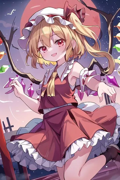 masterpiece, best quality,ultra detail, Flandre_Scarlet_Touhou,1girl, blonde hair,wings, red eyes,hat,crystal, one side up, ribbon, <lora:Flandre_Scarlet_Touhou:0.7>,night sky,red moon,evil smile,flying sky,floating air,close up,stylish pose