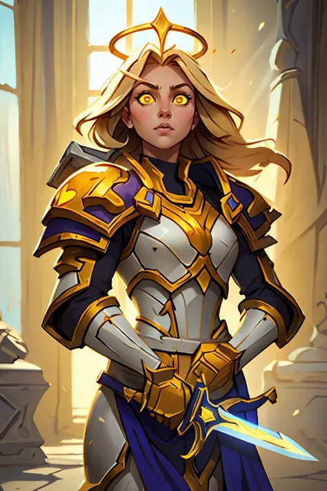1girl, cowboy shot of beautiful paladin, yellow eyes, windblown long blonde hair, white heavy armor, sword, pauldrons, glowing halo, temple indoors, volumetric lighting, best quality, masterpiece <lora:sxzBlizzardStyleWarcraft_sxzBlizzV2:0.8>
