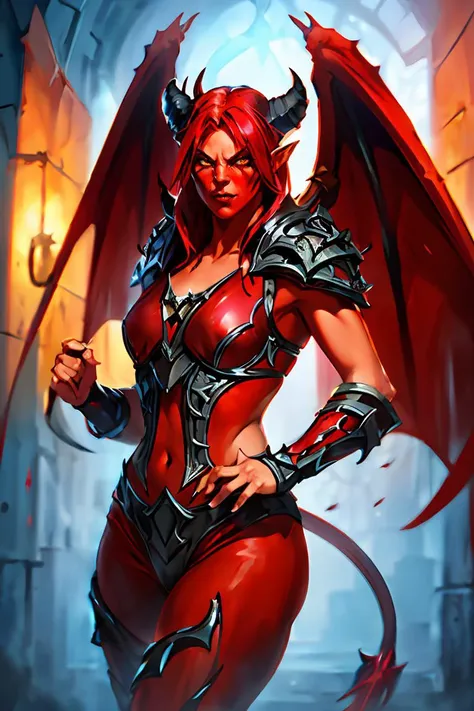 oil painting,masterpiece, best quality, original, official art,1man, cowboy shot of devil female, red skin, demon wings, demon tail, demon horns, armor, looking at viewer, volumetric lighting,  intricate details, tonemapping, sharp focus, very detailed, trending on Artstation, realistic, chromatic aberration,  <lora:sxzBlizzardStyleWarcraft_sxzBlizzV2:0.8>