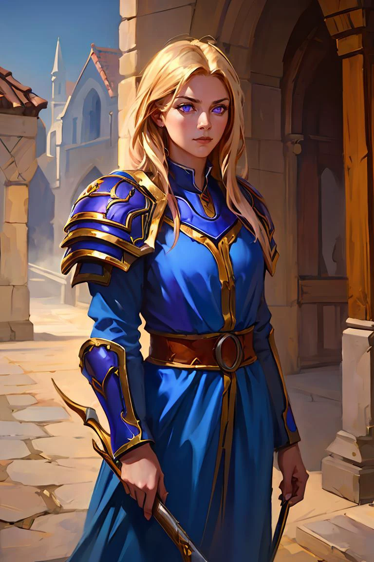 oil painting,masterpiece, best quality, original, official art,1girl, cowboy shot of beautiful guard, purple eyes, windblown long blonde hair, blue heavy armor, pauldrons, medieval stone city, volumetric lighting, <lora:sxzBlizzardStyleWarcraft_sxzBlizzV2:0.7>