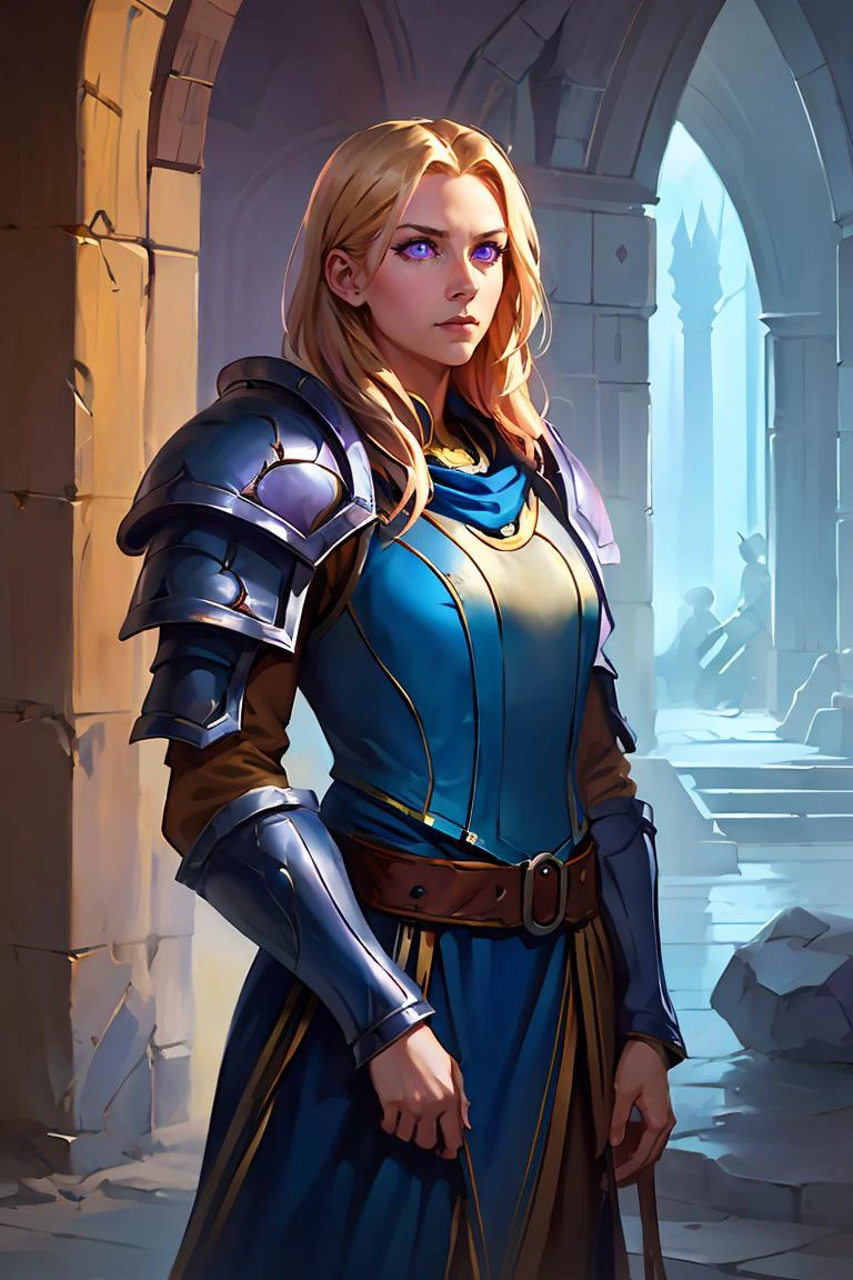 oil painting,masterpiece, best quality, original, official art,1girl, cowboy shot of beautiful guard, purple eyes, windblown long blonde hair, blue heavy armor, pauldrons, medieval stone city, volumetric lighting, <lora:sxzBlizzardStyleWarcraft_sxzBlizzV2:0.7>