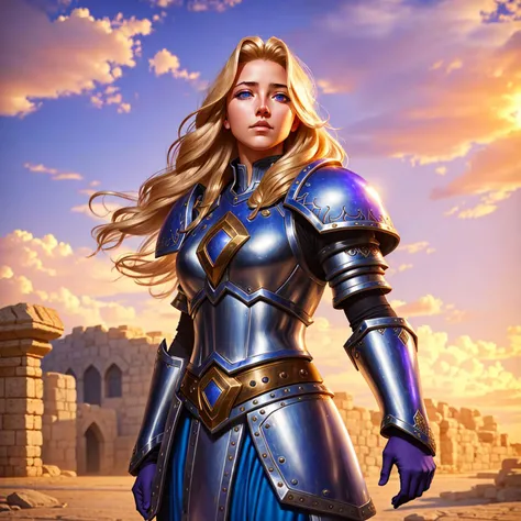1girl, cowboy shot of beautiful guard, purple eyes, windblown long blonde hair, blue heavy armor, pauldrons, medieval stone city, volumetric lighting, best quality, masterpiece, <lora:sxz-blizz-new-2:0.65>