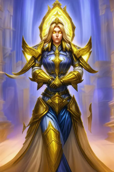 1girl, cowboy shot of beautiful paladin, yellow eyes, windblown long blonde hair, white heavy armor, sword, pauldrons, glowing halo, temple indoors, volumetric lighting, best quality, masterpiece <lora:sxz-blizz-new-2:0.8>  <lora:more_details:0.5>
