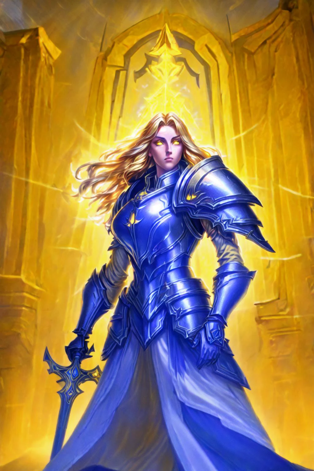1girl, cowboy shot of beautiful paladin, yellow eyes, windblown long blonde hair, white heavy armor, sword, pauldrons, glowing halo, temple indoors, volumetric lighting, best quality, masterpiece <lora:sxz-blizz-new-2:0.8> <lora:more_details:0.5>