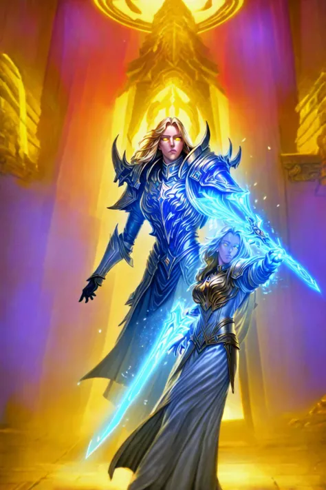 1girl, cowboy shot of beautiful paladin, yellow eyes, windblown long blonde hair, white heavy armor, sword, pauldrons, glowing halo, temple indoors, volumetric lighting, best quality, masterpiece <lora:sxz-blizz-new-2:0.8> <lora:more_details:0.5>