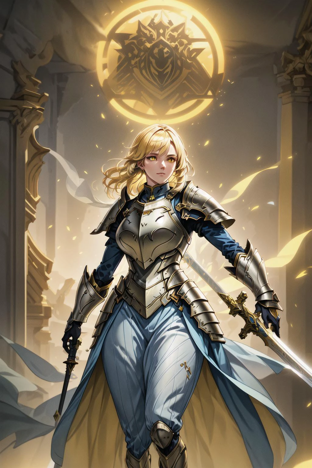 1girl, cowboy shot of beautiful paladin, yellow eyes, windblown long blonde hair, white heavy armor, sword, pauldrons, glowing halo, temple indoors, volumetric lighting, best quality, masterpiece <lora:sxz-blizz-new-2:0.8> <lora:more_details:0.5>