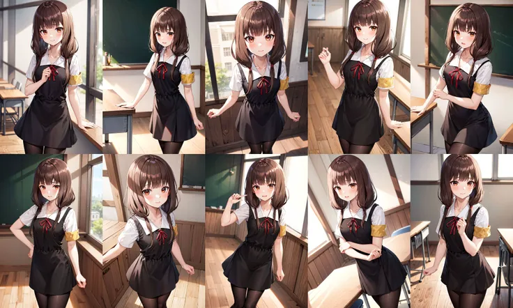 masterpiece, best quality, highres, aamiko, long hair, low twintails, blunt bangs, collarbone, neck ribbon, red ribbon, pinafore dress, short sleeves, armband, black pantyhose, <lora:iino_miko_v1:0.8>, standing, indoors, classroom,