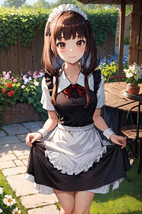 masterpiece, best quality, highres, bbmiko, long hair, low twintails, blunt bangs,
maid, maid headdress, apron, brooch, skirt hold, standing, garden, table
, <lora:iino_miko_v1:0.8>, standing, cowboy shot, outdoors, smile