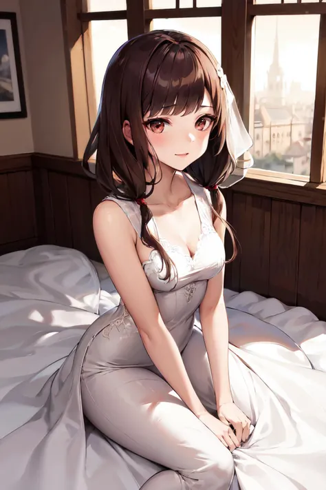 masterpiece, highest quality, One girl, View your viewers, Small waist, RAWphotograph,Hands intricately、Beautiful fingertips、 Ultra-realistic, High resolution, photograph, Sharp focus, Most detailed, Very detailed, Super detailed, In detail, Very detailed eyes,Very detailed hand、Idol、Thighs, beautiful girl,View your viewers, Small waist,Symmetrical face, whole body、White lace skin tight dress、No sleeve、White lace tight skirt、White lace knee socks、Cleavage、Large Breasts、Beautiful clavicle、Long Hair、Beautiful navel、beautiful Cleavage、The bouncing breasts、grass、Shyness、Happy expression、First Date、in room.on bed