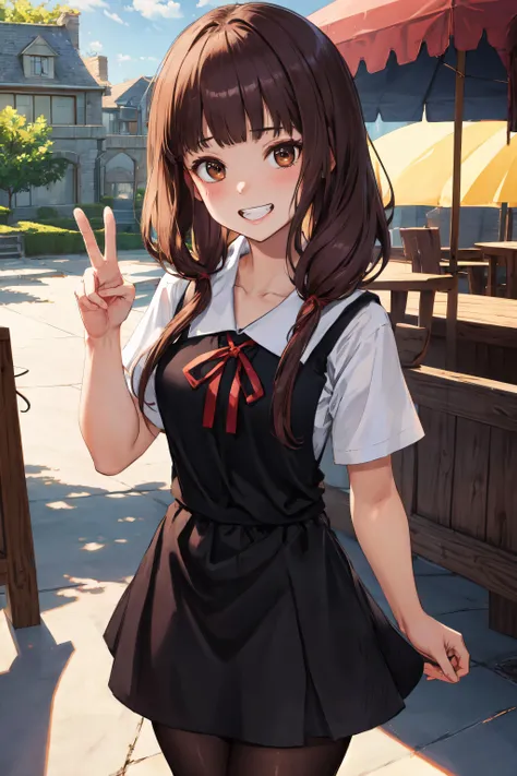 masterpiece, best quality, highres, bbmiko, long hair, low twintails, blunt bangs,
aamiko, long hair, low twintails, blunt bangs, collarbone, neck ribbon, red ribbon, pinafore dress, short sleeves, , black pantyhose, grin, peace sign, close portrait
, <lora:iino_miko_v1:0.8>, standing, cowboy shot, amusement park,