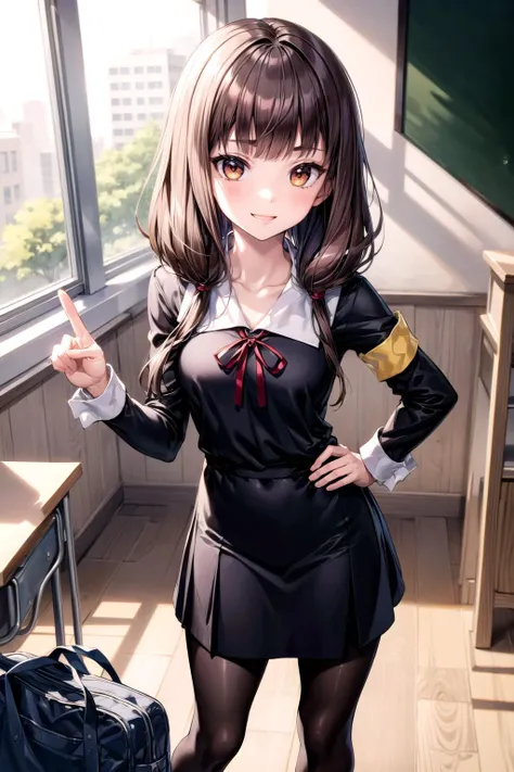 (masterpiece, best quality, detailed), 1girl, solo, bbmiko, long hair, low twintails, blunt bangs, collarbone, neck ribbon, red ribbon, black dress, black shirt, long sleeves, black sleeves, armband, black pantyhose,
classroom, index finger raised, hand on hip, indoors, classroom, school desk, window, school chair, curtains, doorway, hand up, smile