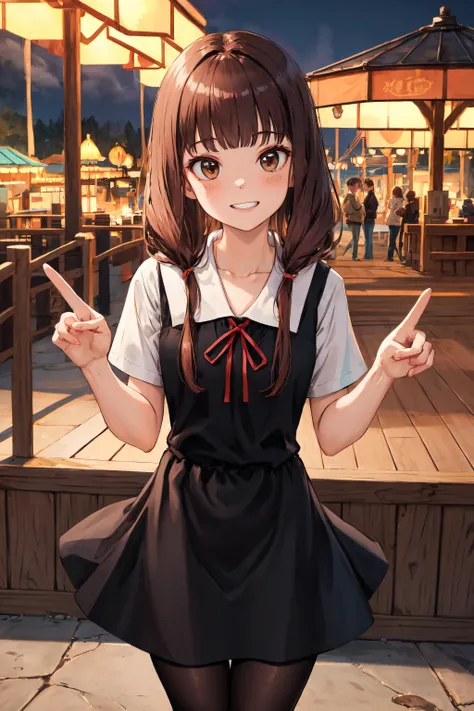 masterpiece, best quality, highres, bbmiko, long hair, low twintails, blunt bangs, 
aamiko, long hair, low twintails, blunt bangs, collarbone, neck ribbon, red ribbon, pinafore dress, short sleeves, , black pantyhose, grin, peace sign, close portrait
, <lora:iino_miko_v1:0.8>, standing, cowboy shot, amusement park,
