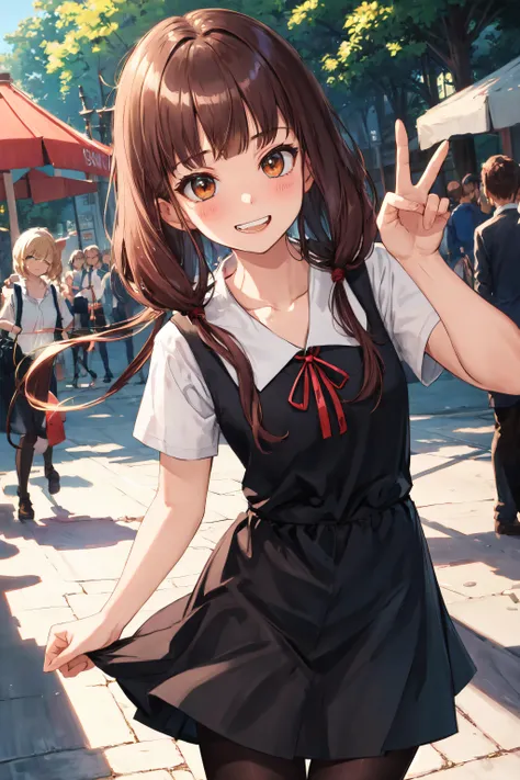 masterpiece, best quality, highres, bbmiko, long hair, low twintails, blunt bangs, 
aamiko, long hair, low twintails, blunt bangs, collarbone, neck ribbon, red ribbon, pinafore dress, short sleeves, , black pantyhose, grin, peace sign, close portrait
, <lora:iino_miko_v1:0.8>, standing, cowboy shot, amusement park,
