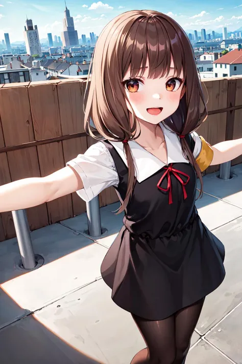 masterpiece, best quality, highres, aamiko, long hair, low twintails, blunt bangs, collarbone, neck ribbon, red ribbon, pinafore dress, short sleeves, armband, black pantyhose, <lora:iino_miko_v1:0.8>, outstretched arms, rooftop, smile, open mouth, city,