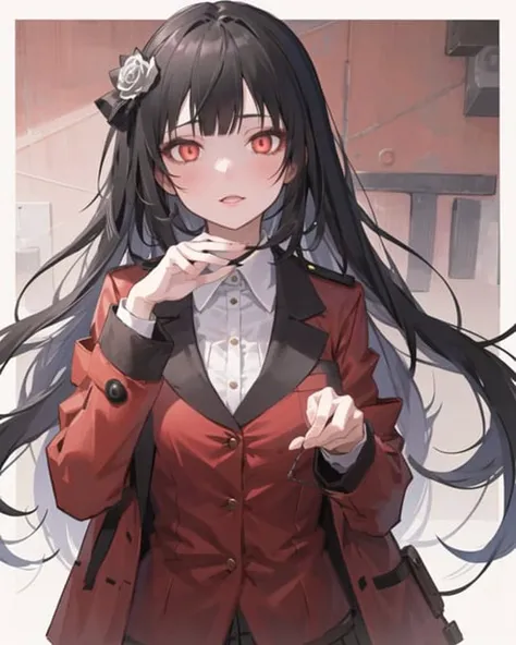 detailed,masterpiece,ultra-detailed,solo,(1girl),(Delicate eyes),(white background:1.3),very long hair, balck hair, jacket, red_jacket, red_eyes, bangs, ahegao, school_uniform, straight hair, blunt_bangs,